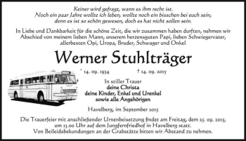 Traueranzeige von Werner Stuhlträger  von Magdeburger Volksstimme
