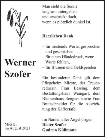 Traueranzeige von Werner Szofer  von Magdeburger Volksstimme