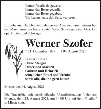 Traueranzeige von Werner Szofer  von Magdeburger Volksstimme