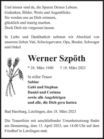 Traueranzeige von Werner Szpöth  von Magdeburger Volksstimme
