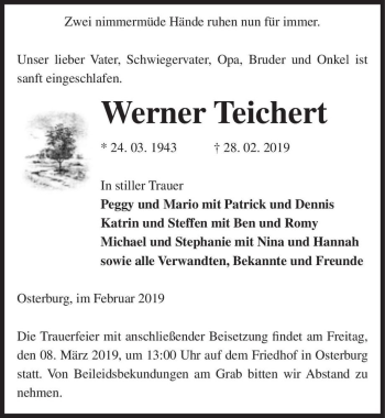 Traueranzeige von Werner Teichert  von Magdeburger Volksstimme