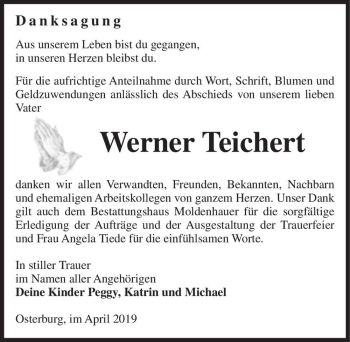 Traueranzeige von Werner Teichert  von Magdeburger Volksstimme