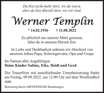 Traueranzeige von Werner Templin  von Magdeburger Volksstimme