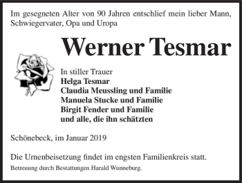 Traueranzeige von Werner Tesmar  von Magdeburger Volksstimme