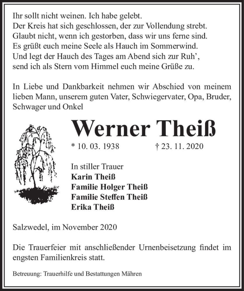  Traueranzeige für Werner Theiß  vom 26.11.2020 aus Magdeburger Volksstimme