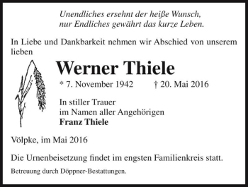 Traueranzeige von Werner Thiele  von Magdeburger Volksstimme