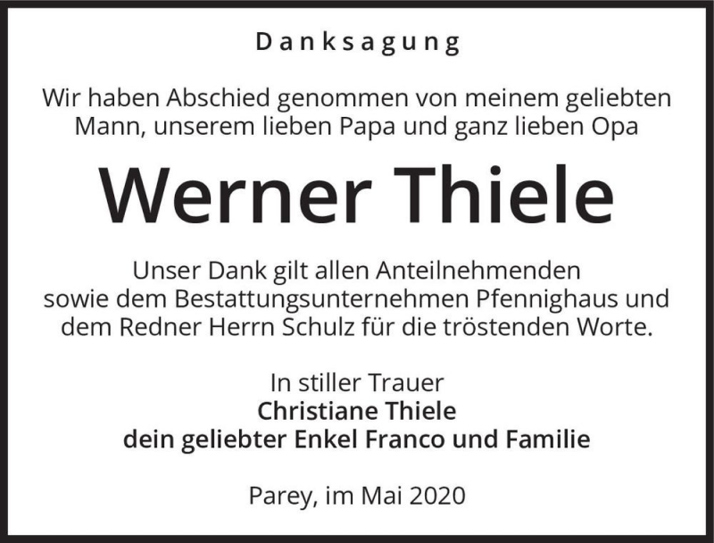  Traueranzeige für Werner Thiele  vom 13.06.2020 aus Magdeburger Volksstimme