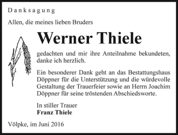 Traueranzeige von Werner Thiele  von Magdeburger Volksstimme