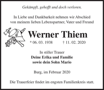 Traueranzeige von Werner Thiem  von Magdeburger Volksstimme