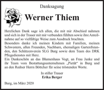 Traueranzeige von Werner Thiem  von Magdeburger Volksstimme