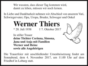 Traueranzeige von Werner Thiers  von Magdeburger Volksstimme