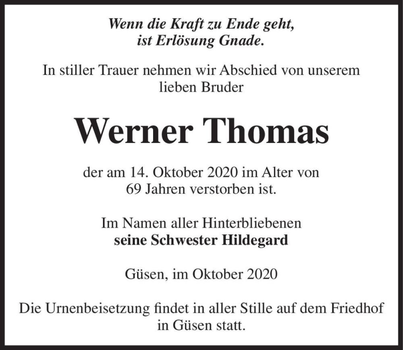  Traueranzeige für Werner Thomas  vom 17.10.2020 aus Magdeburger Volksstimme