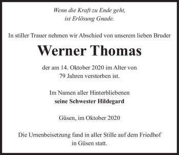 Traueranzeige von Werner Thomas  von Magdeburger Volksstimme