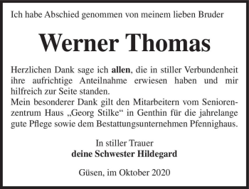 Traueranzeige von Werner Thomas  von Magdeburger Volksstimme
