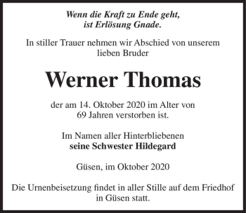 Traueranzeige von Werner Thomas  von Magdeburger Volksstimme