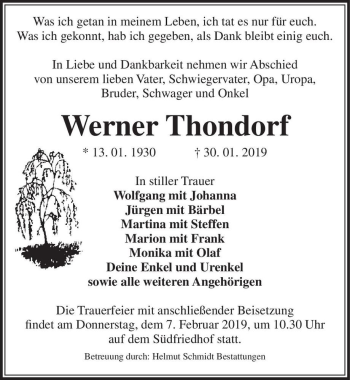 Traueranzeige von Werner Thondorf  von Magdeburger Volksstimme