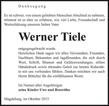 Traueranzeige von Werner Tiele  von Magdeburger Volksstimme