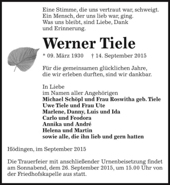 Traueranzeige von Werner Tiele  von Magdeburger Volksstimme