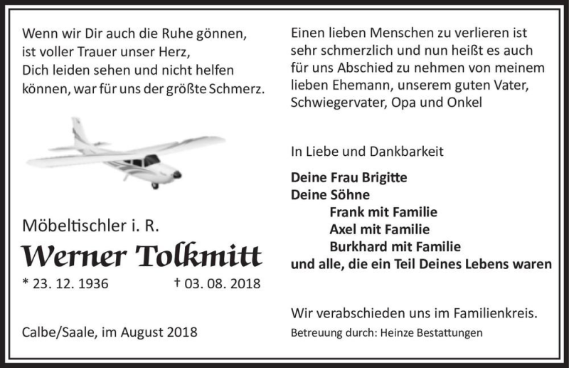  Traueranzeige für Werner Tolkmitt  vom 11.08.2018 aus Magdeburger Volksstimme