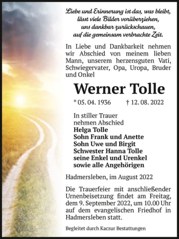 Traueranzeige von Werner Tolle  von Magdeburger Volksstimme