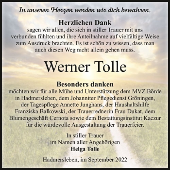 Traueranzeige von Werner Tolle  von Magdeburger Volksstimme