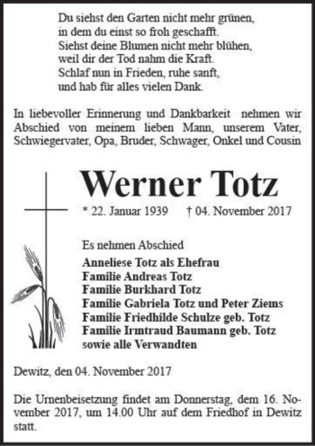 Traueranzeige von Werner Totz  von Magdeburger Volksstimme