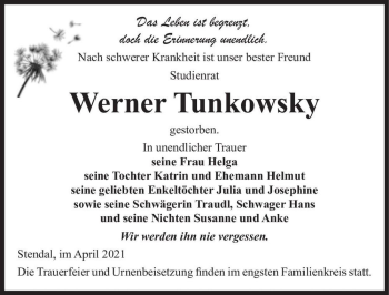 Traueranzeige von Werner Tunkowsky  von Magdeburger Volksstimme