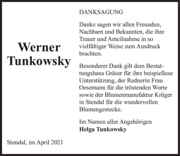 Traueranzeige von Werner Tunkowsky  von Magdeburger Volksstimme