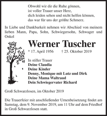 Traueranzeige von Werner Tuscher  von Magdeburger Volksstimme