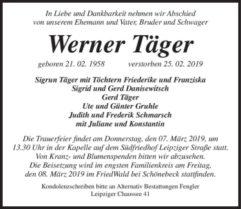 Traueranzeige von Werner Täger  von Magdeburger Volksstimme