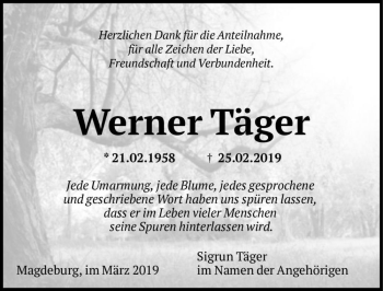 Traueranzeige von Werner Täger  von Magdeburger Volksstimme