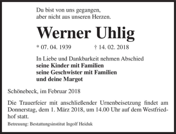 Traueranzeige von Werner Uhlig  von Magdeburger Volksstimme