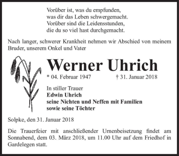 Traueranzeige von Werner Uhrich  von Magdeburger Volksstimme