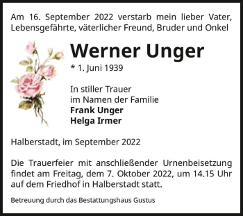 Traueranzeige von Werner Unger  von Magdeburger Volksstimme