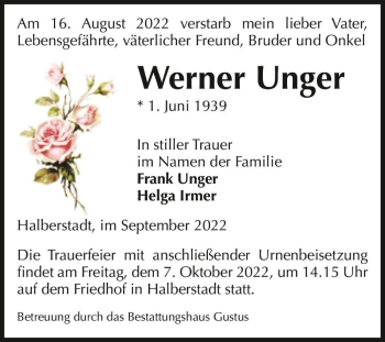 Traueranzeige von Werner Unger  von Magdeburger Volksstimme
