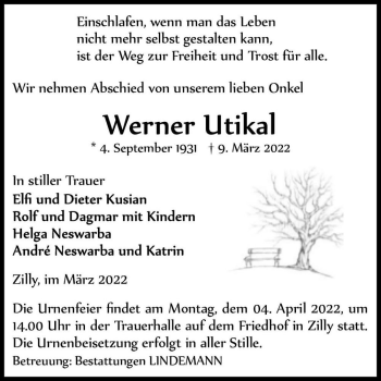 Traueranzeige von Werner Utikal  von Magdeburger Volksstimme