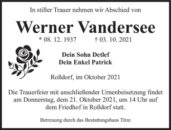 Traueranzeige von Werner Vandersee  von Magdeburger Volksstimme