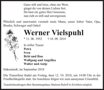 Traueranzeige von Werner Vielspuhl  von Magdeburger Volksstimme