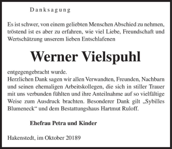 Traueranzeige von Werner Vielspuhl  von Magdeburger Volksstimme