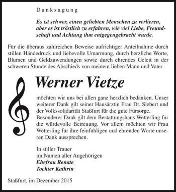 Traueranzeige von Werner Vietze  von Magdeburger Volksstimme