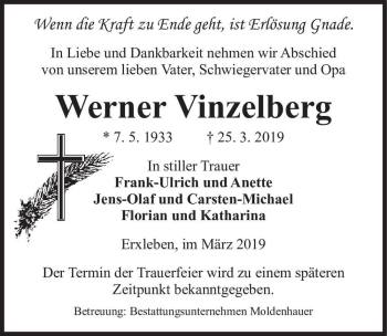 Traueranzeige von Werner Vinzelberg  von Magdeburger Volksstimme