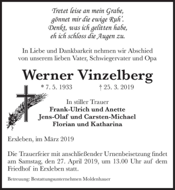 Traueranzeige von Werner Vinzelberg  von Magdeburger Volksstimme
