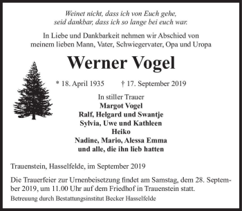 Traueranzeige von Werner Vogel  von Magdeburger Volksstimme