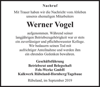 Traueranzeige von Werner Vogel  von Magdeburger Volksstimme