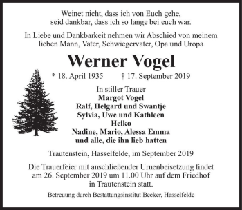 Traueranzeige von Werner Vogel  von Magdeburger Volksstimme