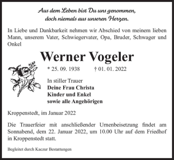 Traueranzeige von Werner Vogeler  von Magdeburger Volksstimme