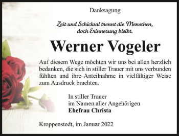 Traueranzeige von Werner Vogeler  von Magdeburger Volksstimme
