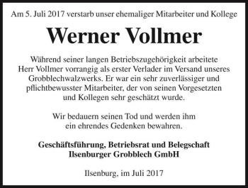 Traueranzeige von Werner Vollmer  von Magdeburger Volksstimme