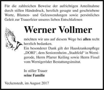 Traueranzeige von Werner Vollmer  von Magdeburger Volksstimme