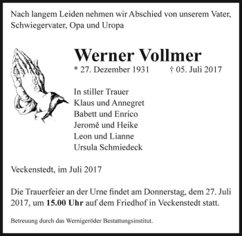 Traueranzeige von Werner Vollmer  von Magdeburger Volksstimme